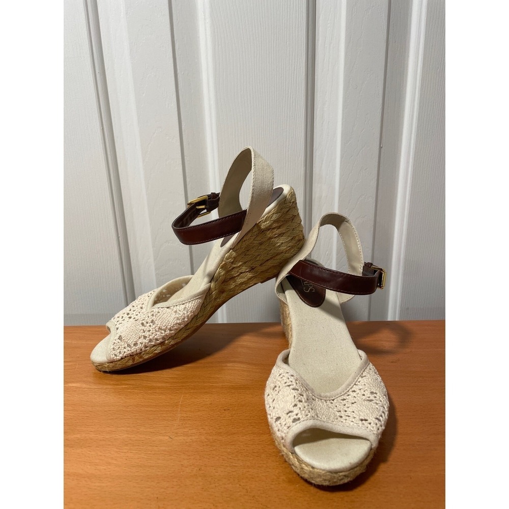 Chaps Damara Open Toe Espadrille Mid Wedge Sandals Crochet Tan Natural Jute 9